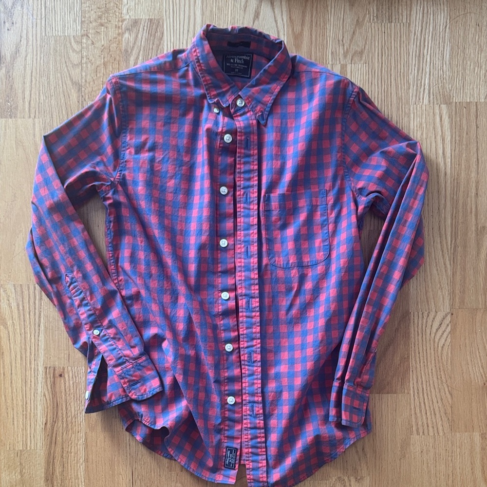 Abercrombie and Fitch Men's Red and Blue Plaid Shirt